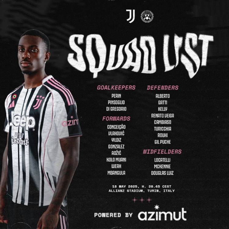 尤文对阵乌迪内斯名单：伊尔迪兹、坎比亚索回归，卡卢卢停赛